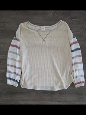 BiBi Cream Waffle Knit Top with Striped Balloon Sleeves